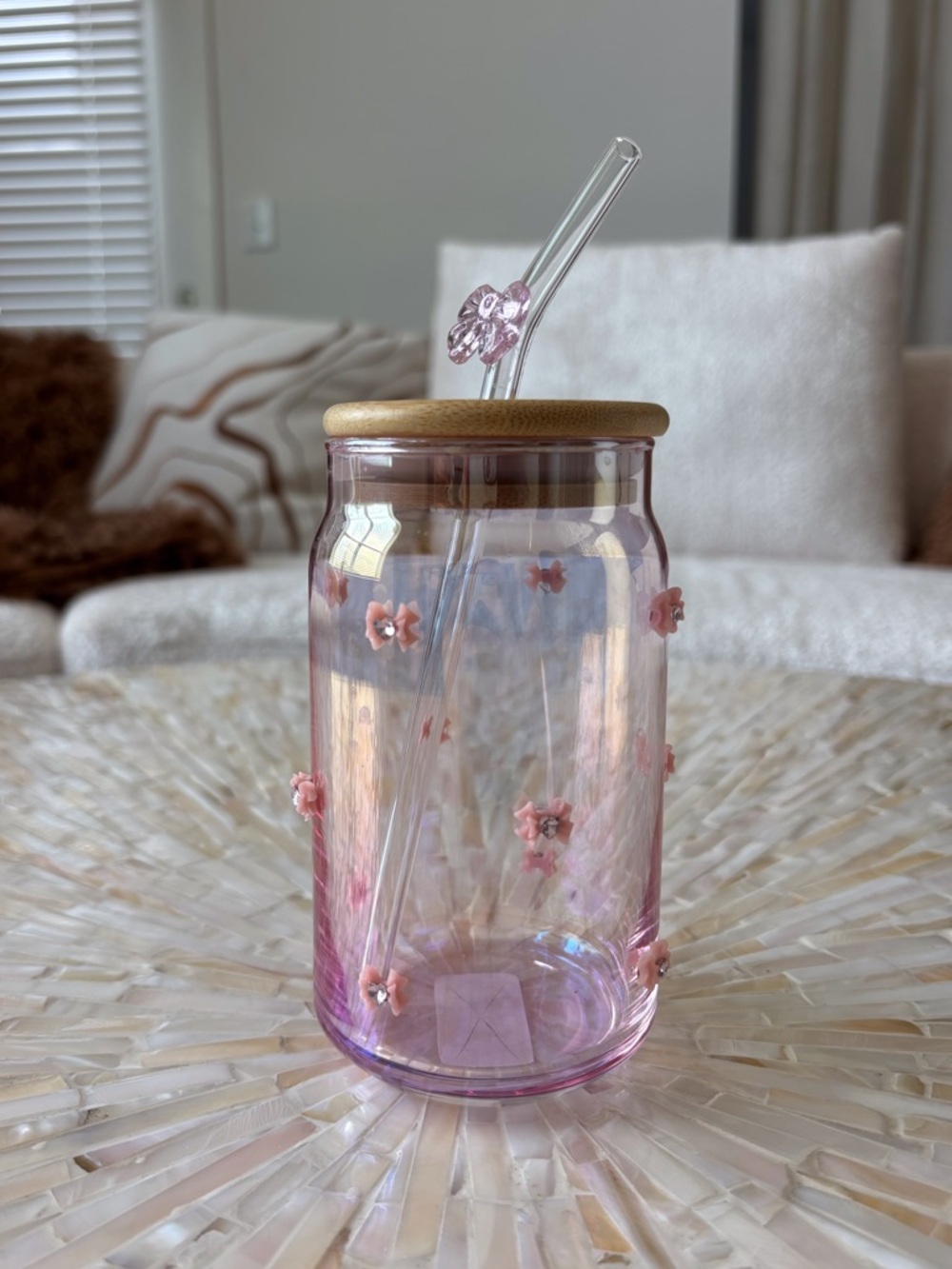 NWT Pink Iridescent Bow Tumbler with Straw